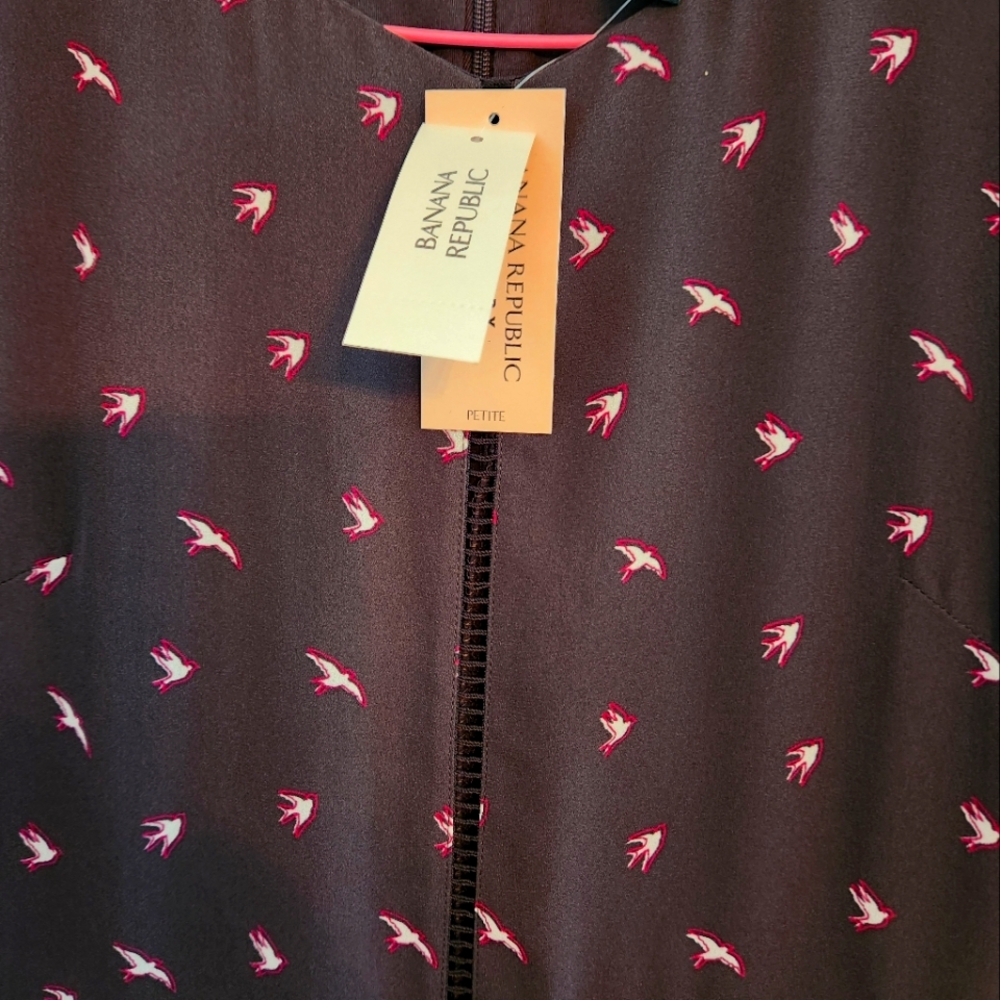 NWT Banana Republic Gray Dress with White and Pink Birds.  Beautiful pattern. - Picture 2 of 5